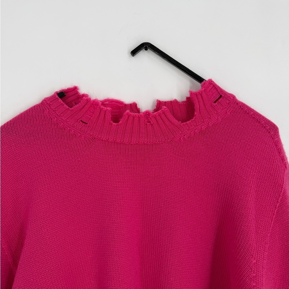 The Attico Hot Pink Distressed Flare Sleeve Cropped Knitted 100% Wool Sweater